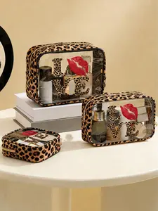 Transparent PVC Leopard Print Makeup Bag, Transparent Vanity Bag, Small Cosmetic Pouch, Waterproof Zipper Case, Cute Travel Organizer, Valentine's Day Gift