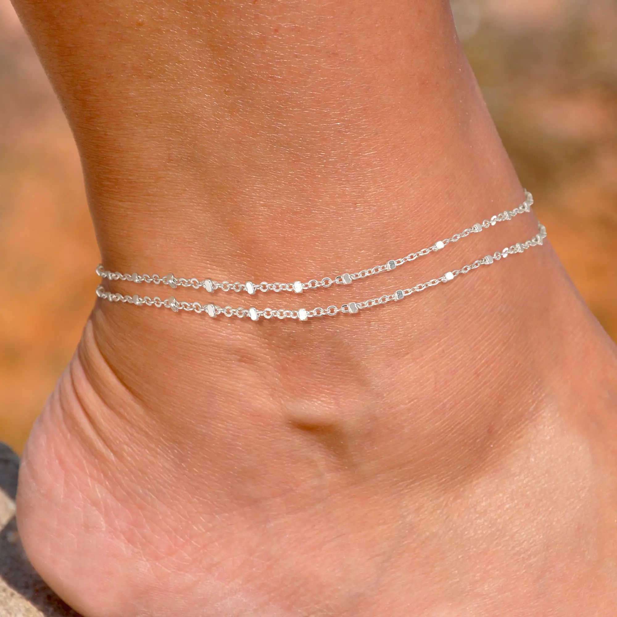 FREEKISS Silver Double-Layer Anklet 1.5mm Dotted Square Chain, Summer Fashion Item, Women's Daily Wear Accessory, Birthday Gift, Comfortable to Wear, Suitable for Various Occasions