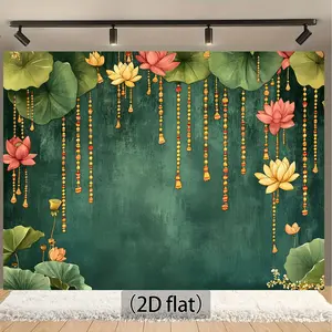 2D Flat Lotus Theme Polyester Wall Hanging Backdrop - 1pc Party Decorations Banners with Water Lily Flowers, Green Leaves, Beading Garland, Natural Theme for Business & Event Photography (No Electricity)