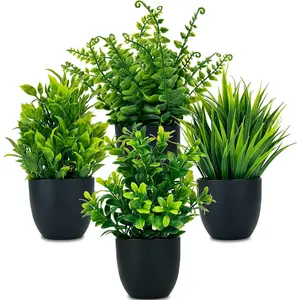 Set of 4 Fake Plants 7” Small Potted Plants Artificial Plants Indoor Mini Greenery Plants for Indoor Decor Home Shelf Office Decor, Compact Black Pot