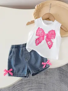 Girls' Round Neck Ribbed Vest with Bow Print, Matching Denim Shorts, Sweet and Cute Style, Perfect for Summer Daily Wear, Children
