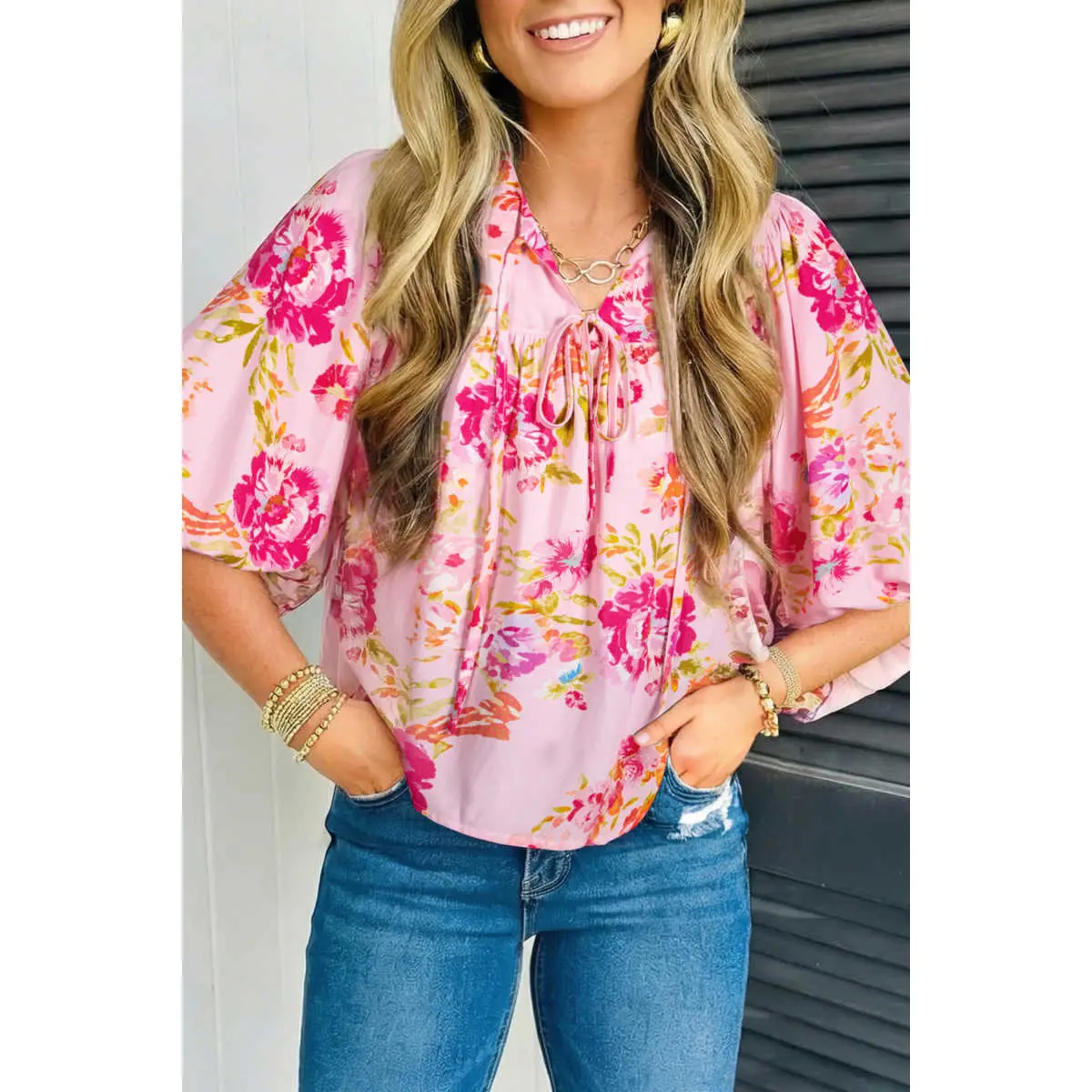 Women's Floral Blouse - Tie Neck, Puffy Half Sleeves, Casual Loose Fit Soft Viscose Cute Trendy Clothes, Going Out Women's Tops
