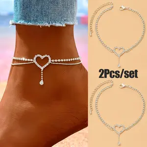 2Pcs Exquisite Shiny Double Layer Anklet Silvery Heart Drop Rhinestone Chain Handmade Women's Ankle Chain Sparkling Hollow Heart Tassel Foot Chain Vacation Beach Bracelet Jewelry
