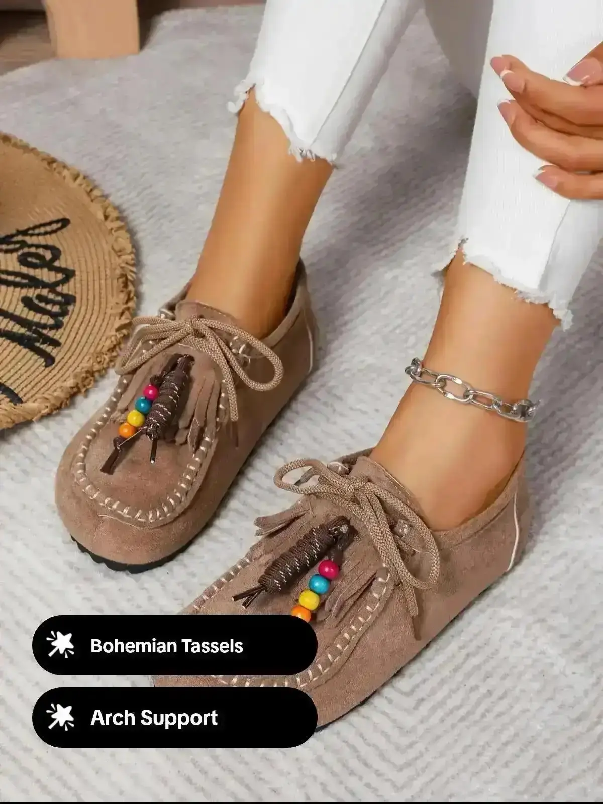 New Women's Round-Toe Outdoor Fitness Shoes with Arch Support Casual Beaded Tassel Moccasins for Women Vintage Comfort Walking Flats Clogs ladies slippers home daily breathable responsive stylish modern fashion trendy