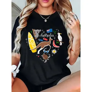 Women’s Australia Graphic T-Shirt with Kangaroo Koala Surfboard Parrot Flag & Icons – Summer Beach Casual Wear for Ladies 100% Cotton T-shirt