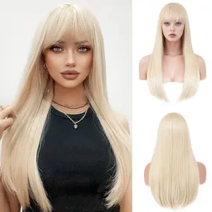 Blonde Wig with Bangs for Women Long Straight Blonde Wig for Grils Heat Resistant Synthetic Natural Hair Wigs Wig for Colorful Cosplay Wig for Party Halloween Daily Use 24inch