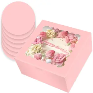 Cake Box, 4 Sets Pink Cake Box with Window ＆ 4 Sets 10" Pink Cupcake Round Boards, Cupcake Containers