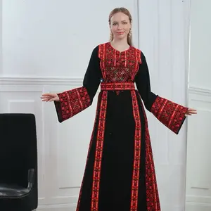 Thobe Embroidered Tatreez with Stone - Red and Black Traditional Design Dress Casual Boho Bohemian