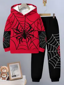 New Kids Fashion Spider Web Full Print 3D Hooded Set, Long Sleeve Sports Clothing, Spring & Fall Outdoor Hoodie and Sweatpants, Casual Set