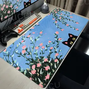 Cartoon Cat Mouse Pad Large Green Leaf Cute Kitty Desk Mat Office Pc Accessories XXL Gaming Rubber Mat Keypad Extended Mousepad Gaming Mouse Pads