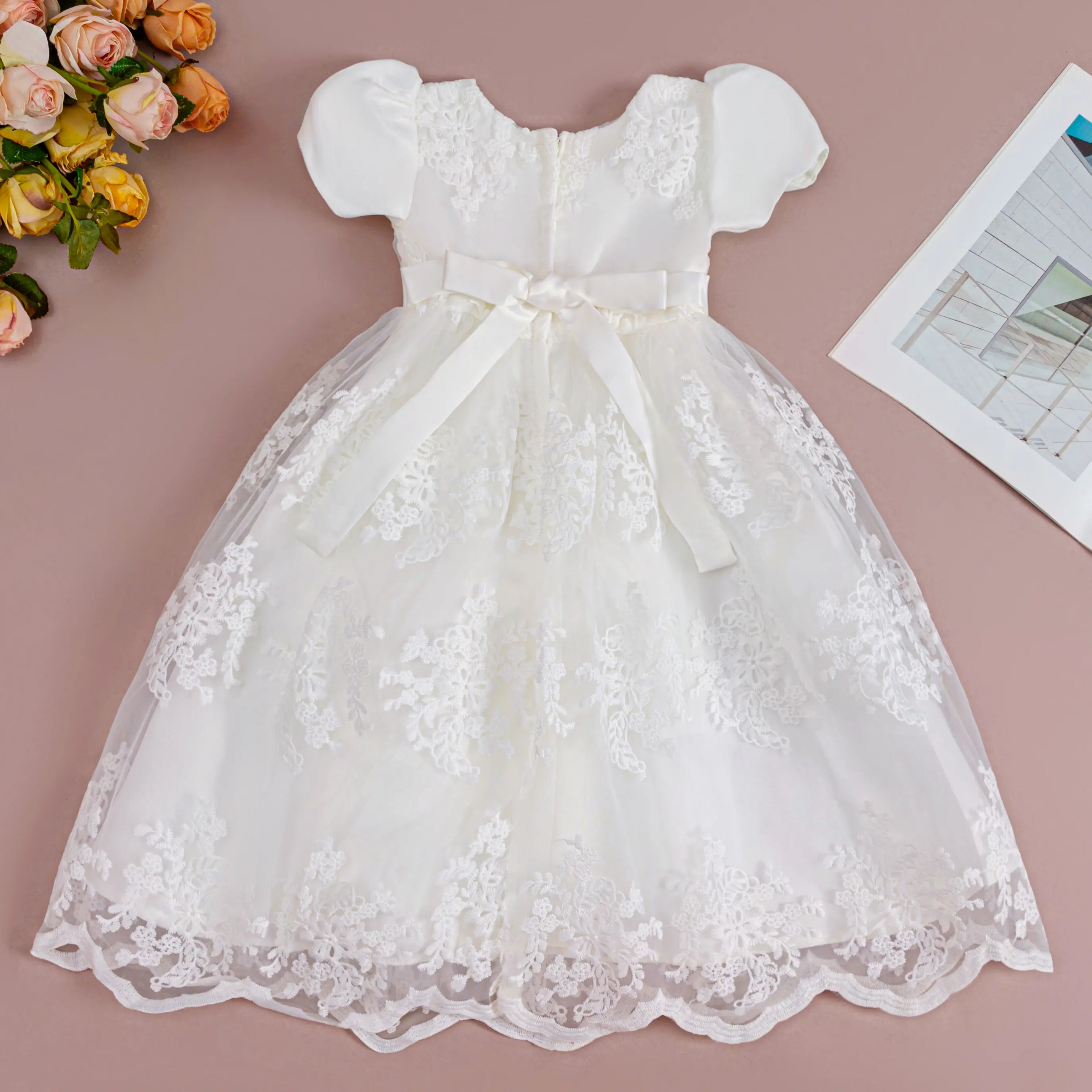 christening dress infant Baptism Dresses Baby Girl Summer White Sweet Pearl Flower Girl Dress Christening Dress, White / 1-2 Years (90cm)