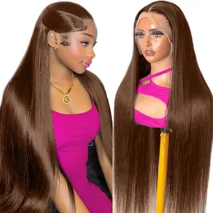 28 Inch 200% Density 13x4 Chocolate Brown Lace Front Wigs Blended Human Hair with Baby Hair Straight Lace Frontal Human Hair Wigs Pre Plucked Hairline 4# Brown Wig