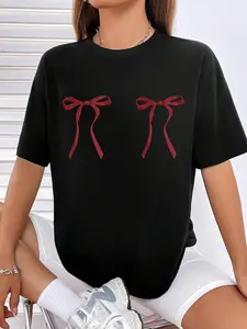 Women's Cartoon Bow Print Crop Tee Top, Casual Short Sleeve Round Neck T-shirt for Summer, Ladies Clothes for Daily Wear