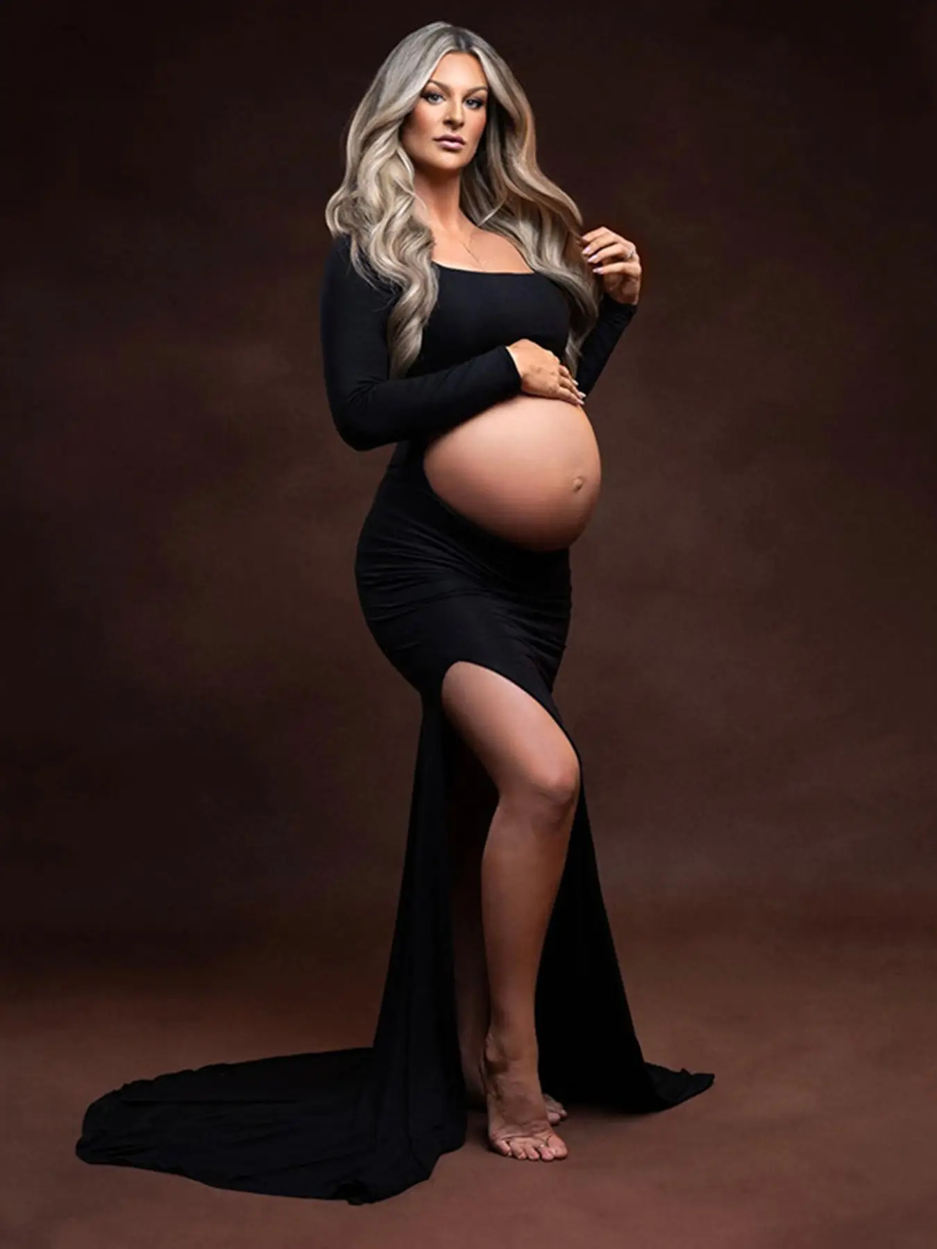 Maternity Solid Cut Out Backless Split Hem Mermaid Dress, Elegant Long Sleeve Square Neck Maxi Gown for Photoshoot Baby Shower Party, Pregnant Women's