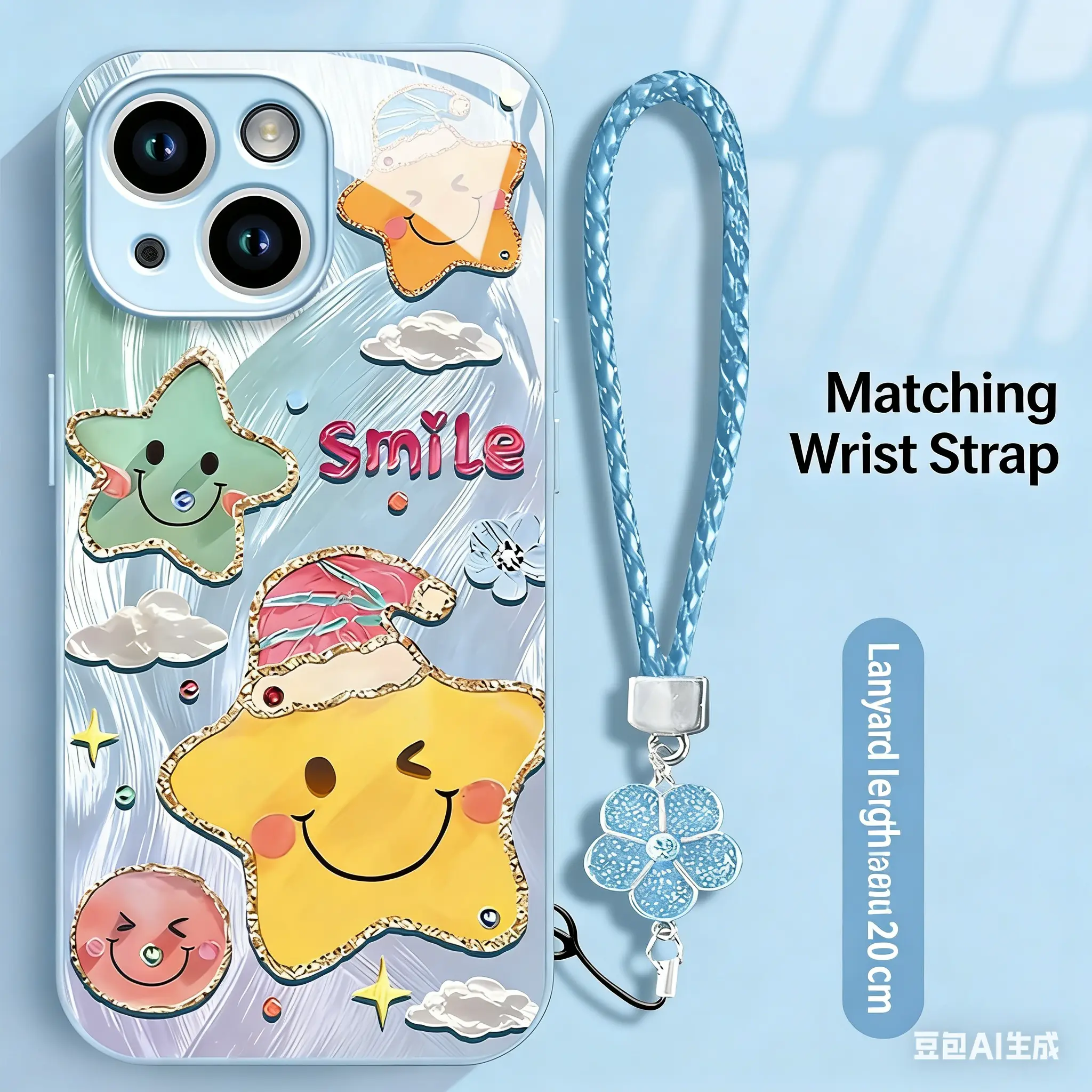 Blue smiling face star phone case,For iPhone 17/16/15/14/13/12/11 Pro Max Plus and Samsung models (S25, S24, S23, S22, S21, S20,A series) Free four-leaf clover lanyard，drop-proof and fingerprint-resistant，simple and elegant design 995