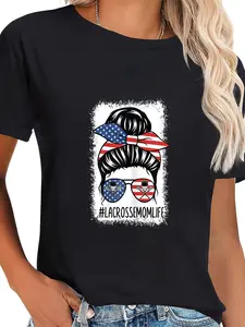100% Cotton Unisex Messy Bun Lacrosse Mom Lacrosse American Flag Funny Mom Life Women T-Shirt Graphic Printed Casual Round Neck T shirt