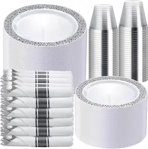 Silver/Gold/Clear/White/Blue Disposable Plates and Silverware Set: Dinner Plates,Dessert Plates, Cups,Napkins,Knife, forks, spoons-Perfect for Party