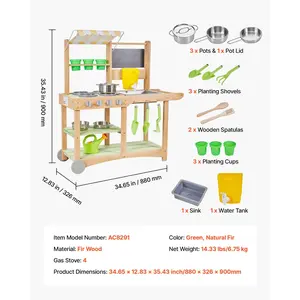 VEVOR Mud Kitchen, Outdoor Mud Kitchen for Kids, Wood Outdoor Play Kitchens with Spoons, Sink, Sunshade Canopy, Swivel Wheels, Cookware Pots and Accessories, Wooden Play Kitchens for Home, Lawn