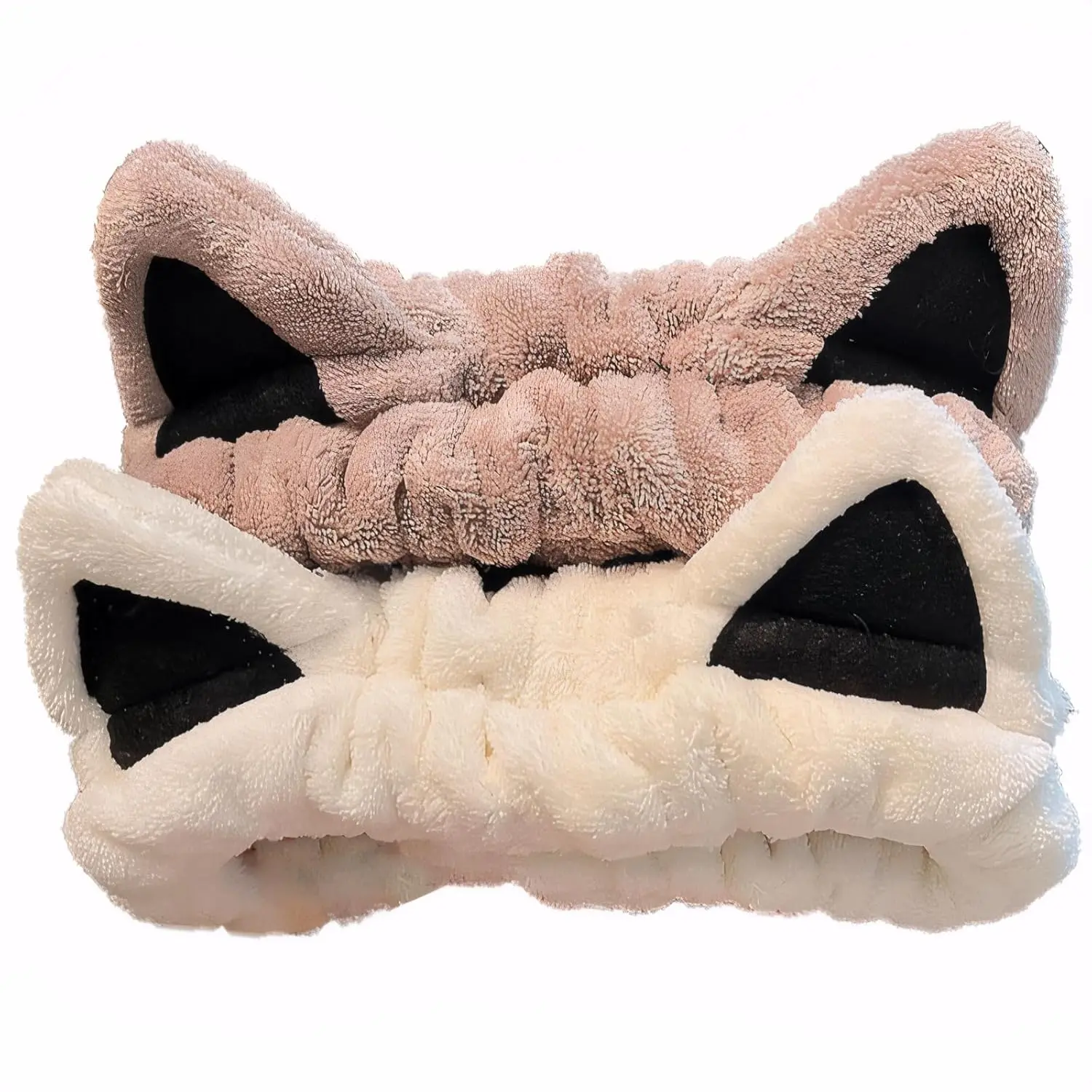 Unisex Cat Ear Puffy Headbands 2-Pack - Elastic, Comfortable, Plain Polyester, Soft Fleece, Stretchable, Women's Casual Hair Accessories for Skincare & Everyday Use (Beige & Khaki), Elastic Headbands, Comfortable Headbands