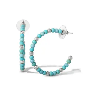 Turquoise Bead Hoop Earrings in Silver