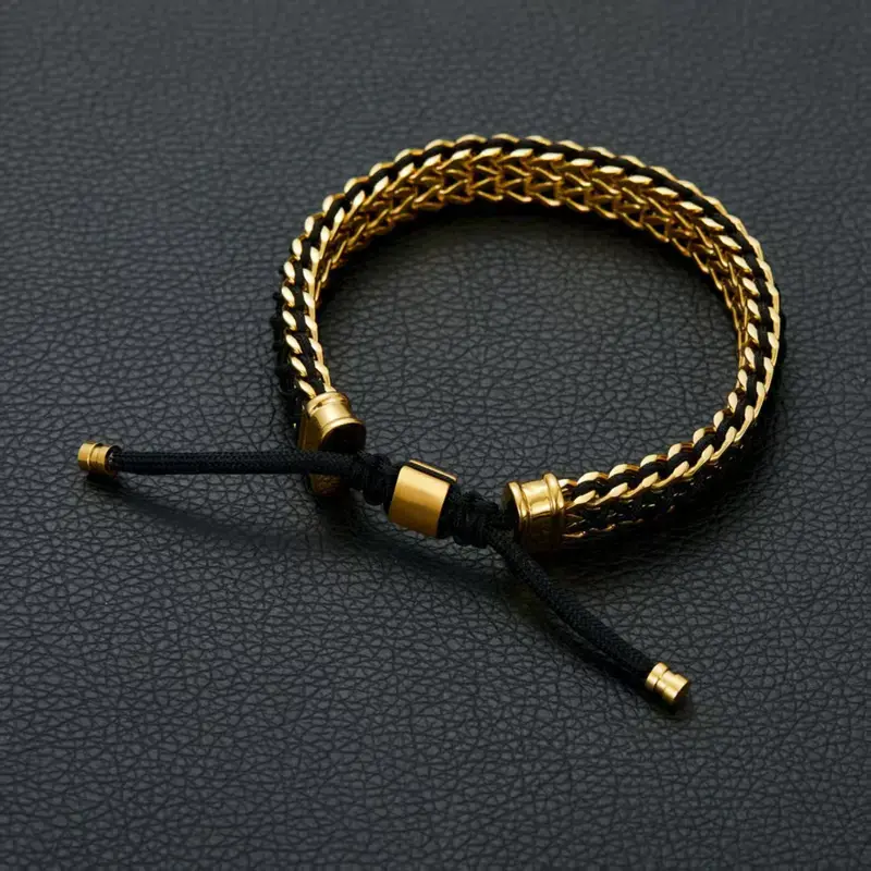 Premium Braided Cord Wristband | Adjustable Sliding Knot | Two-Tone Gold Black & Silver Black | Unisex Fashion Bracelet