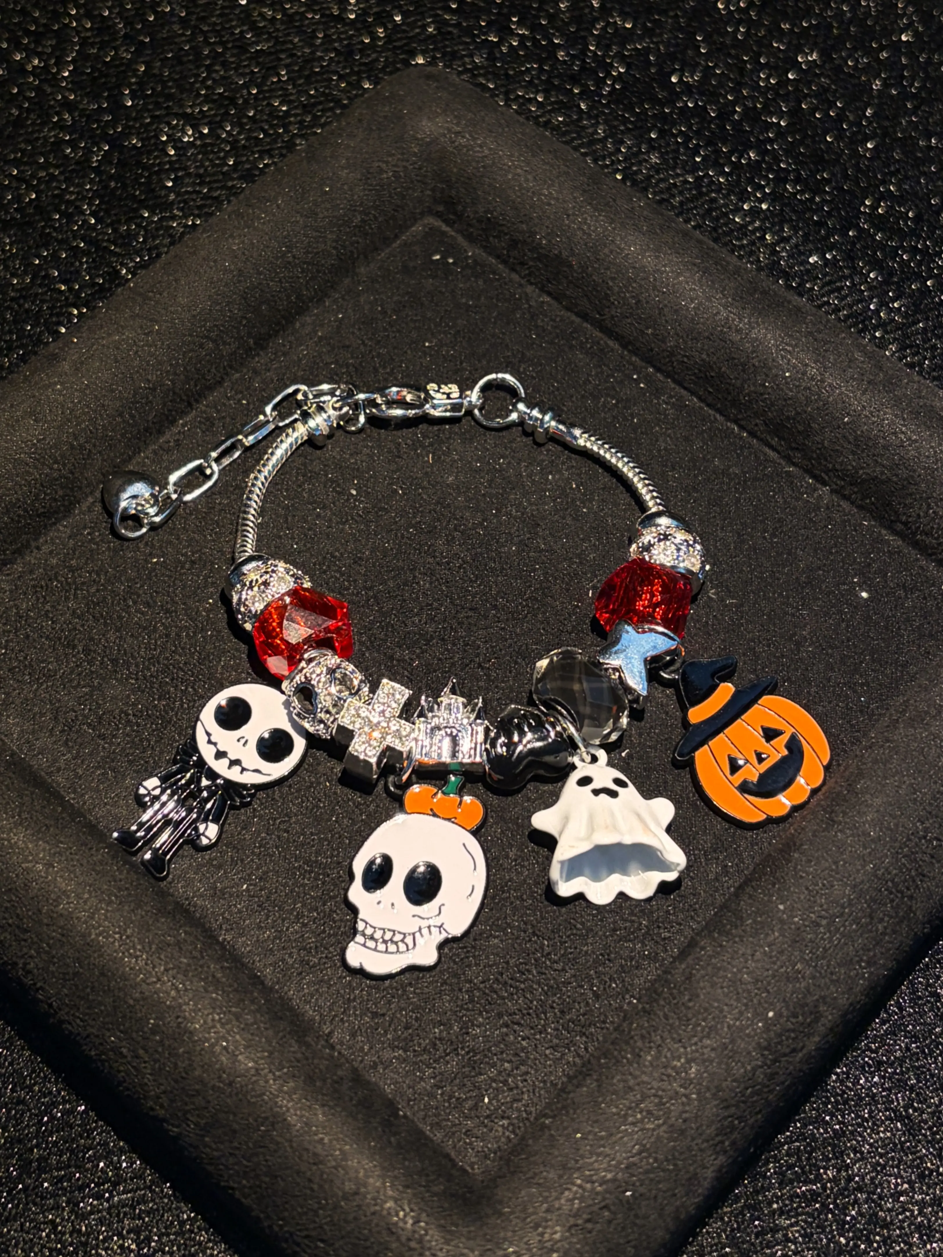 Women's Silver-Tone Halloween Charm Bracelet - 3D Enamel Charms (Ghost, Skull, Skeleton, Pumpkin, Castle, Cross) Snake Chain Party Jewelry Gift
