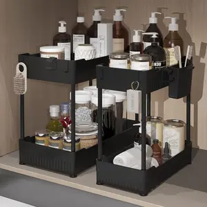 2-piece sink storage rack and storage space, bathroom cabinet storage box with hook and cup hanging, multi-functional storage rack suitable for kitchen and bathroom, black (black)
