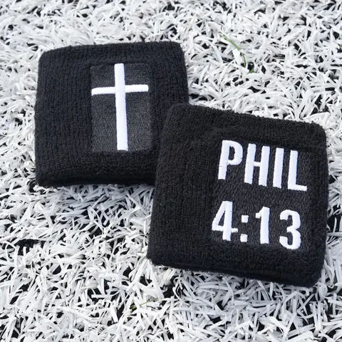 Christian Sweatband 2 Pack with Embroidered Cross Design and PHIL 4:13 Text, Sweat-Absorbing Unisex Wristbands for Basketball, Gym and Workouts
