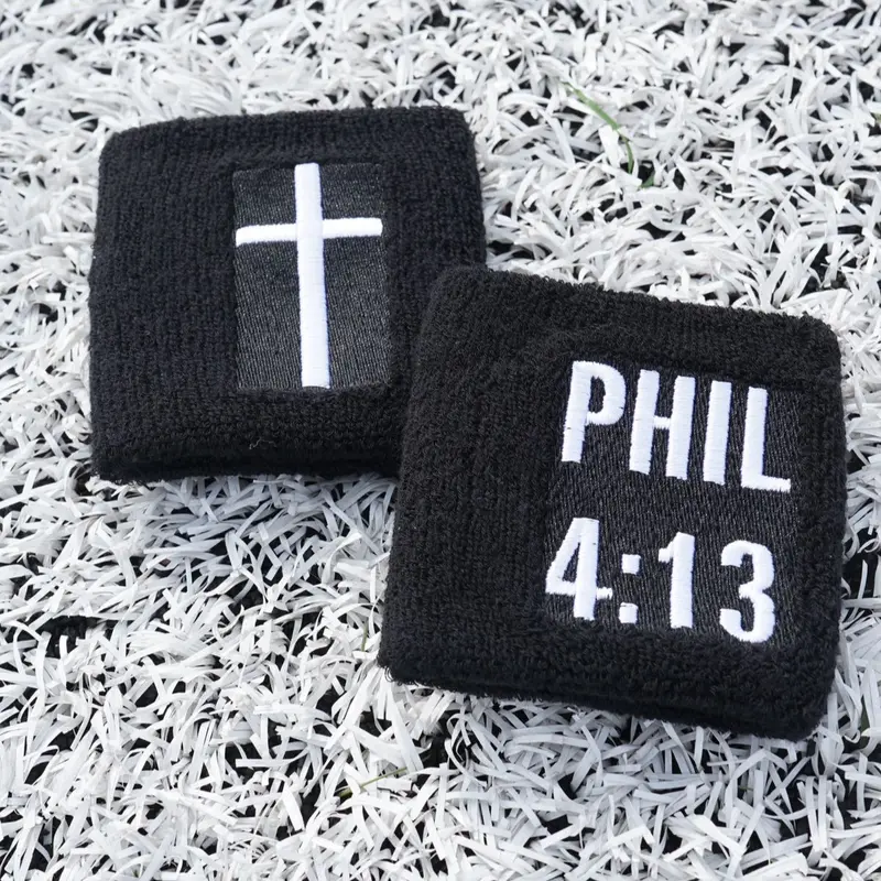 Christian Sweatband 2 Pack with Embroidered Cross Design and PHIL 4:13 Text, Sweat-Absorbing Unisex Wristbands for Basketball, Gym and Workouts