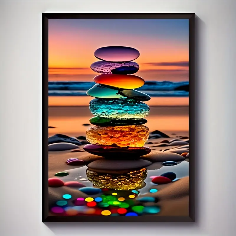 Framed Vertical Geometric Rainbow Transparent Stacked Pebble Canvas Print - Artistic Graphic Wall Art with Colorful Style, Design Inspiration, Coastal Sunset Theme for Dining Room Beach House Home Decoration