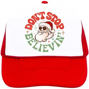 Don't Stop Believin' Trucker Hat for Men and Women - Cool Santa Adjustable Cap - Red and Green Christmas Snapback