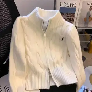Vintage Korean Style Stand Collar Sweater Jacket Autumn/Winter Age-Reducing Zipper Embroidery Knitted Cardigan University Top Knitwear Womenswear