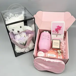 Artificial Rose & Bear Gift Box, 1 Set Fake Rose Bear Bouquet & Gift Box Set, Unique Spa Gift Set for Birthday, Anniversary, Wedding, Relaxing Gift Box, Unique Birthday Gifts