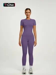 Women's Short Sleeve Yoga Set, High Waist Leggings & Tight Top Two-Piece, Gym Yoga Outfit, Ideal for Fitness, Running, Gym Workouts