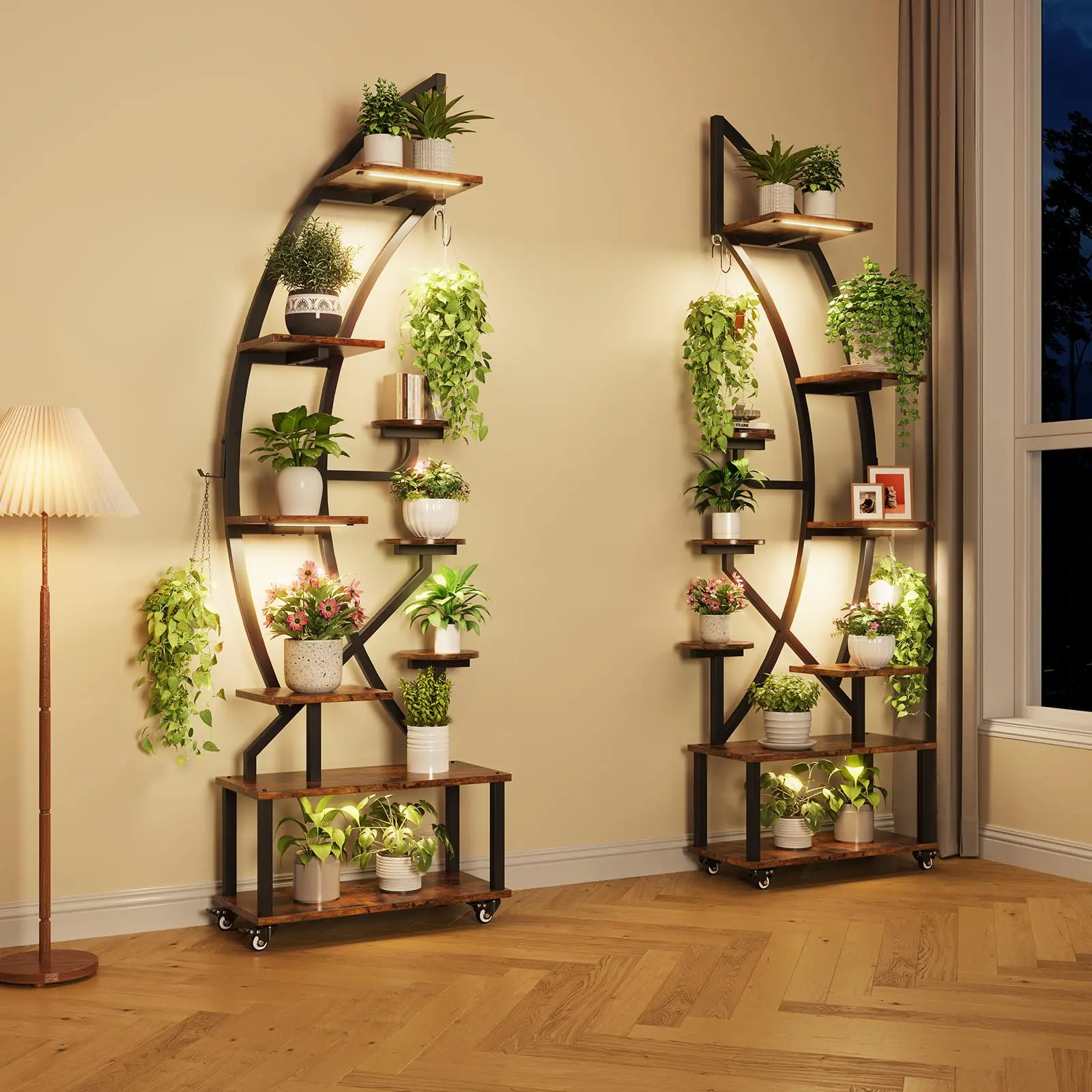 Garvee 6-Tier Indoor Plant Stand with Grow Lights and Wheels, 68'' Metal Multi-Level Plant Shelf, Includes 2 Half-Moon Plant Holders for Stylish Living Room Display