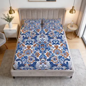 3 Piece Bohemian Blue Orange Floral Fitted Sheet Set, HD Digital Printed Bed Sheet Set, Deep Pocket Soft Bedding Set ( No Inserts) for Bedroom Decor