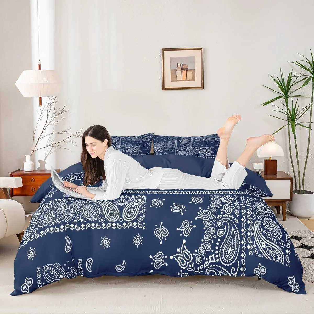 Boho Paisley Duvet Cover Set,Jacquard Paisley Flower Bedding Set,Navy Blue and White Floral Print Quilt Cover,Teens Women Adults Room Decor,No Comforter