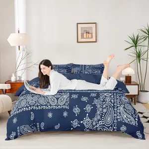 Boho Paisley Duvet Cover Set,Jacquard Paisley Flower Bedding Set,Navy Blue and White Floral Print Quilt Cover,Teens Women Adults Room Decor,No Comforter