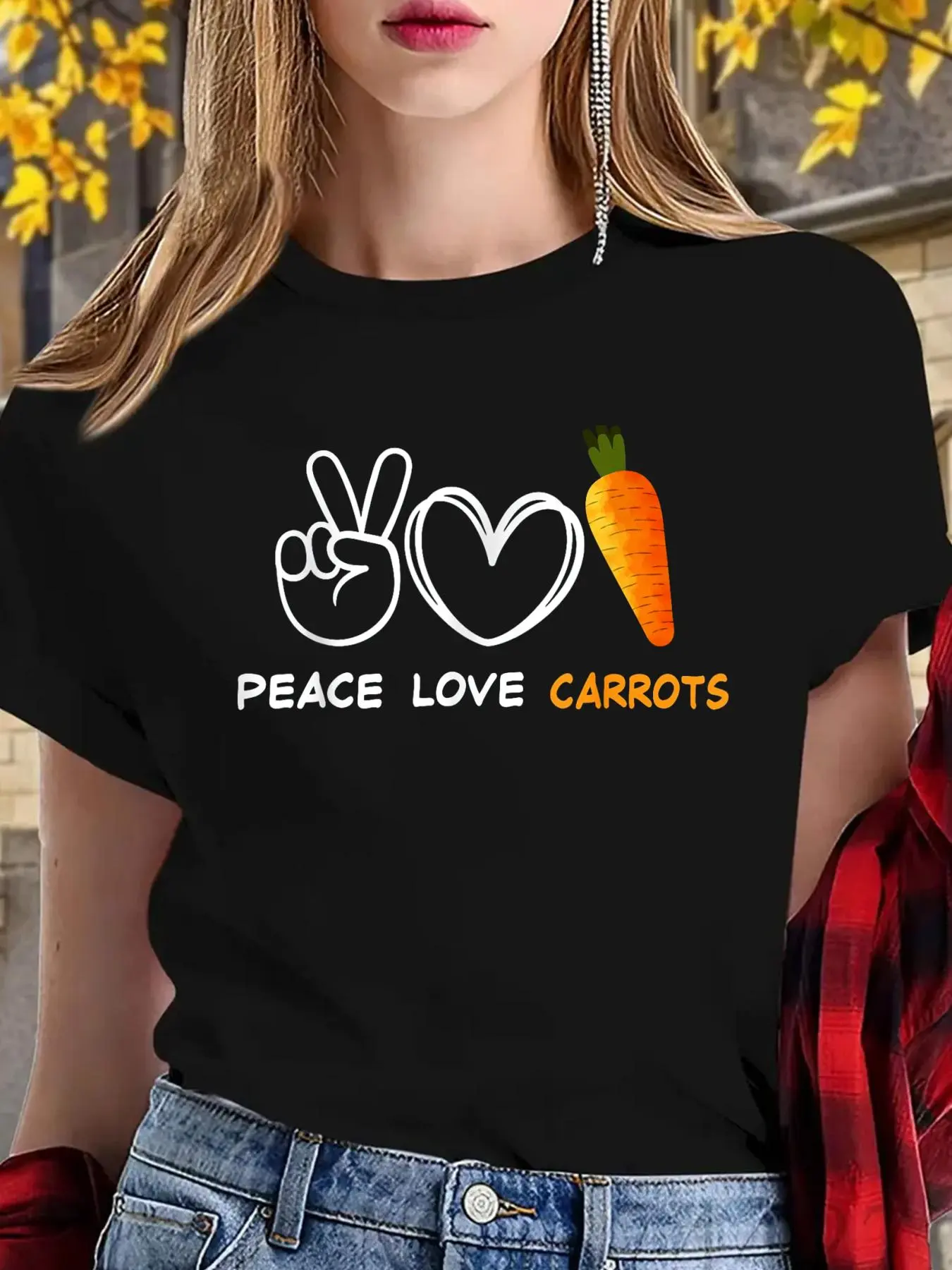 100% cotton women tshirt Peace Love Carrots Fresh Carrot Gifts Vegetable Lover Vegan T-Shirt Print Round Neck Short Sleeve Streetwear Fashion Breathable Soft Unisex Designer Clothes For Women Casual Clothes