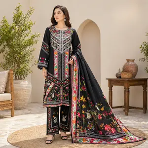 ZAROORI Midnight Black Cotton Embroidered Pakistani 3-Piece Suit – Multicolor Thread Work with Printed Dupatta | Article No: ZR-539