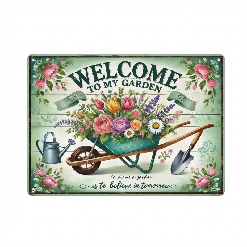 Vintage Farmhouse Welcome To My Garden Metal Sign - 12x8In, 16x12In Wheelbarrow Floral Tin Wall Art for Outdoor Garden, Patio Decor