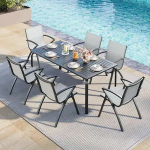 7 Piece Outdoor Patio Dining Set with Umbrella Hole, Outdoor Dining Set with 71" Aluminum Table & Aluminum Sling Back Chair, Outdoor Patio Furniture Sets for 6 People (7 Piece)