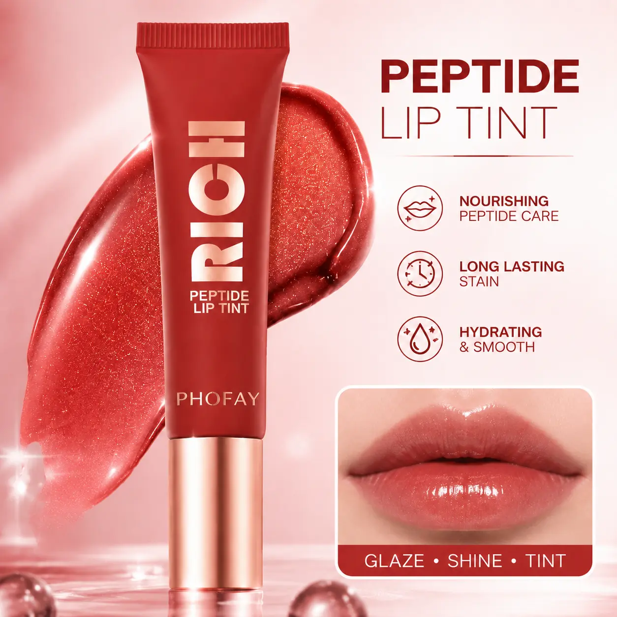 PHOFAY Peptide Lip Tint  Glossy Glass Lips + Long Lasting Color | Hydrating Lip Stain for Everyday Makeup