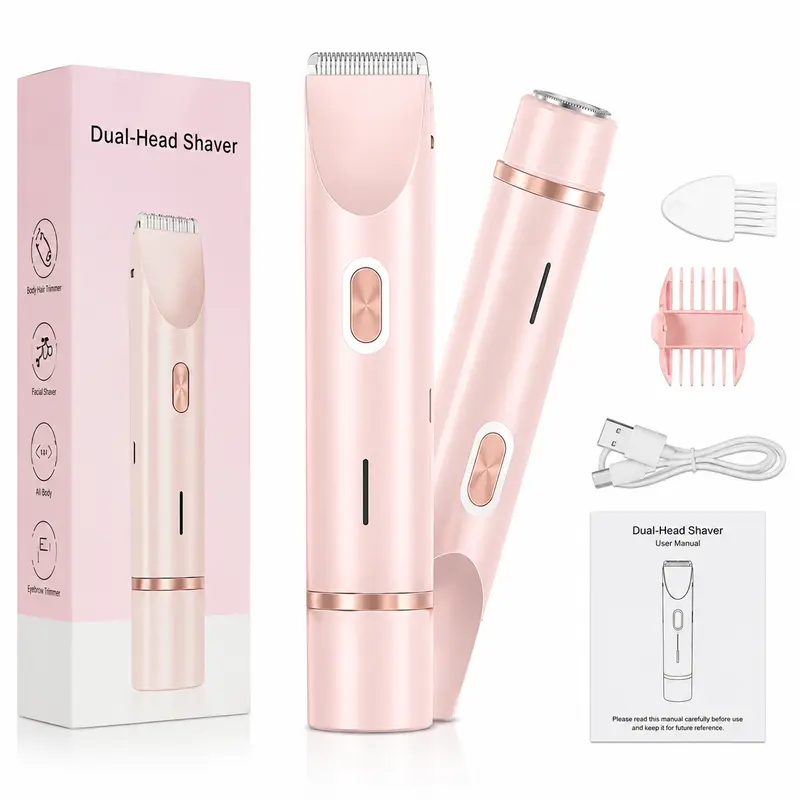 Bikini Trimmer for Women, 2-in-1 Electric Shaver for Body Grooming, Rechargeable Dual-Head Trimmer for Bikini Line, Face & Legs