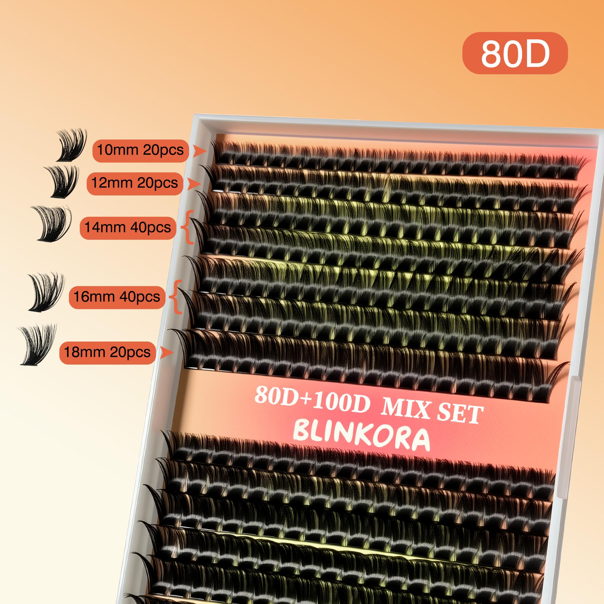Blinkora 80D100D Lash Cluster Hybrid Kit, Wispy Fluffy Volume 10-18mm D Curl Cluster Lashes Extensions for Dramatic Soft Look, Beginner-Friendly DIY-at-Home with Waterproof Long-lasting Glue, Remover & Applicator, Think Band Super Lightweight Clusters
