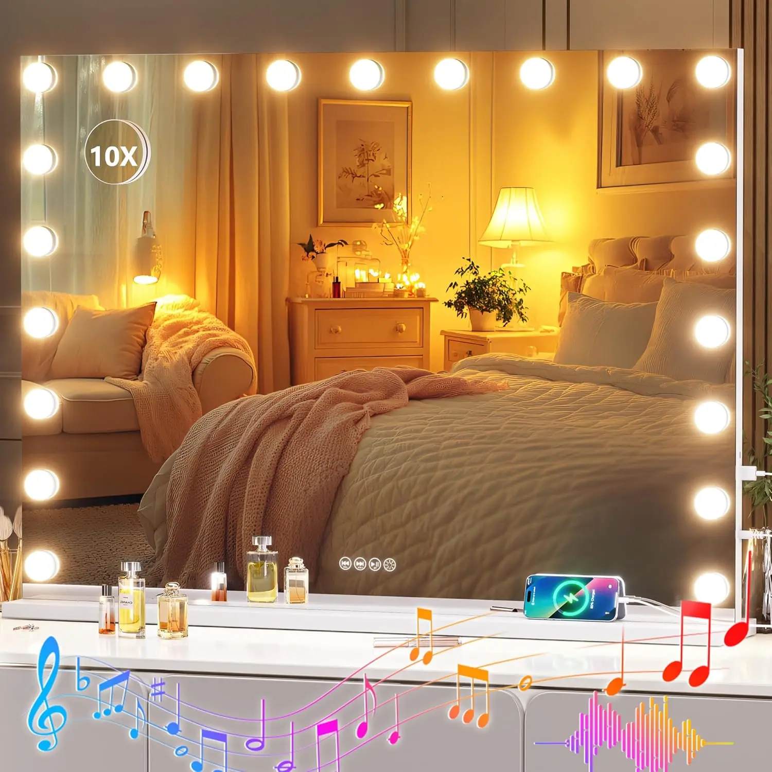 White Hollywood Lighted Vanity Mirror (Tempered Glass) for Vanity Setup, 21 Dimmable LEDs, 3 Color Modes, 10x Removable Magnifying Glass, Bluetooth Speaker & Call, USB-C Port, Extra Bulbs, 40x29in, Easy Installation, Home Decor Mirror, 40X29 In