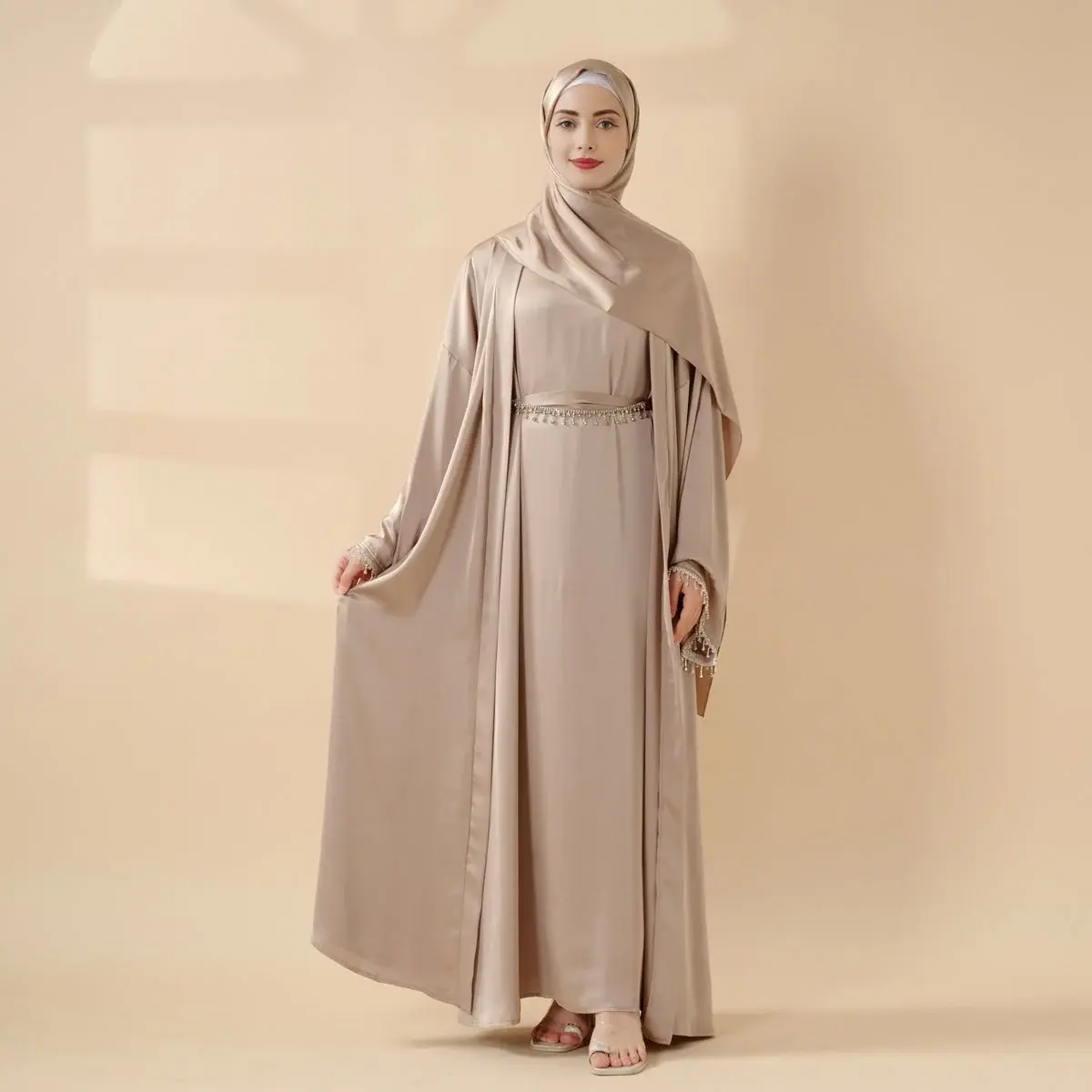 4-Piece Abaya Set: Satin Diamond Tassel Abaya Set (MOA010) - Women Summer Elegant Dress traditional clothes 4-Piece Abaya Set: Satin Diamond Tassel Abaya Set (MOA010) - Women Summer Elegant Dress traditional clothes