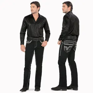 LAMASINI Embroidery Western Boot Cut Jeans Lam26501 Black Big Stitching Heavy Denim PU Path in Back Pocket - Bottoms, Womenswear