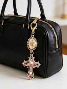 Christian Amulet Keychain with Religious Colorful Rhinestone Cross, Multicolor Mary Decoration Pendant, Sparkling Diamond Charm, Bling Bling Keychains