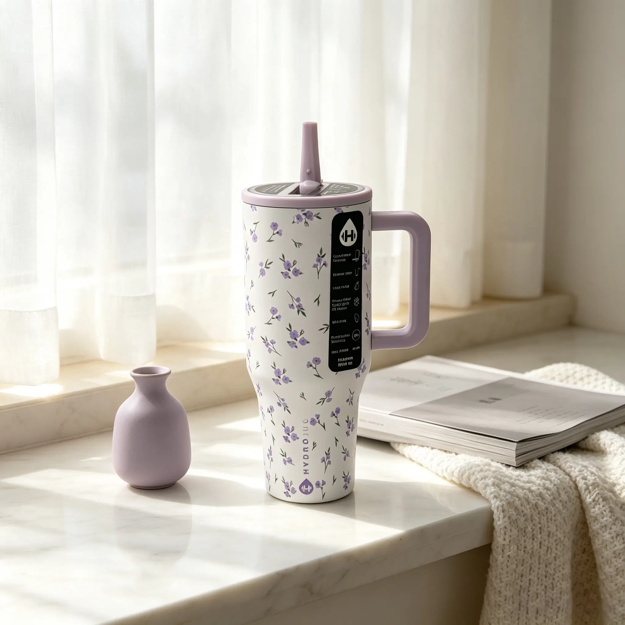 HydroJug 40oz Dainty Purple Floral Stainless Steel Tumbler - Lavender Handle & Straw, Leakproof Lid, Anti-Scalding, Heat Resistant, Car Cup-Holder Friendly, 24-Hour Ice Cold Drink Retention, Aesthetic Travel Drinkware
